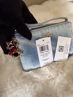 COACH Loved Denim Zip Wristlet with Gold Charms. NWT